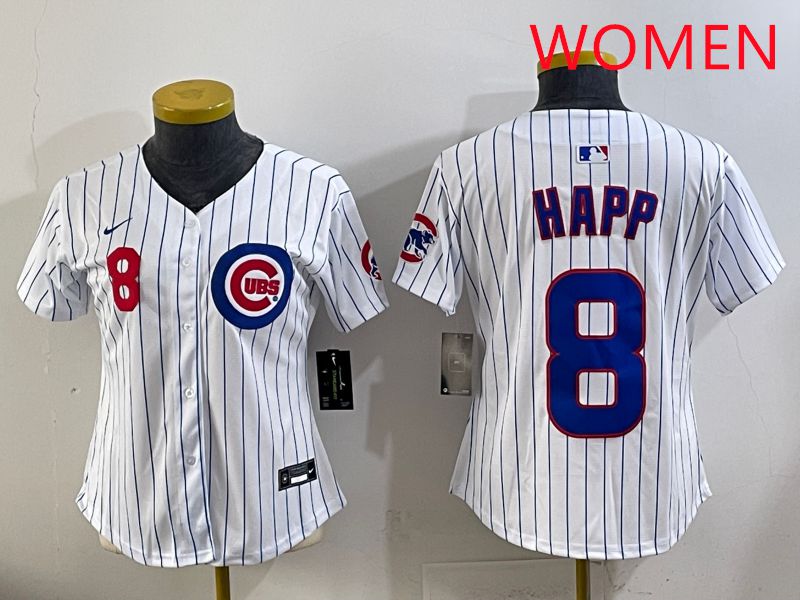 Women 2025 Chicago Cubs 8 Happ White Stripe Game Nike MLB Jersey style 3